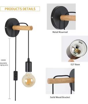Vintage Industriële Wandlamp – Houten Design met Schakelaar & Stekker, E27 Fitting