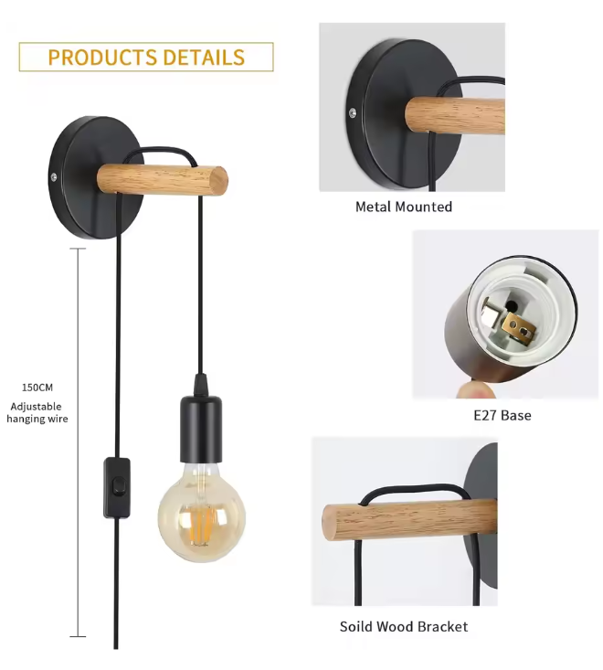Vintage Industriële Wandlamp – Houten Design met Schakelaar & Stekker, E27 Fitting