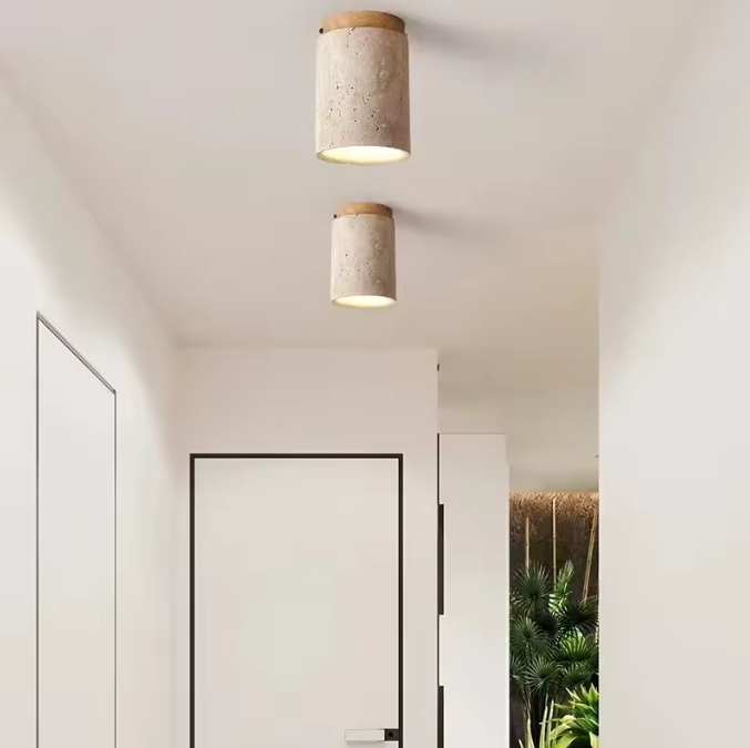 LED Plafondlamp – Japanse Stijl met Steen & Hout, Ronde Opbouwlamp 220V