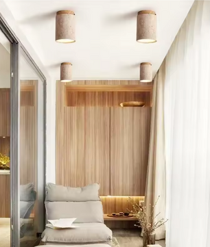 LED Plafondlamp – Japanse Stijl met Steen & Hout, Ronde Opbouwlamp 220V