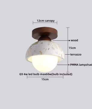 Ronde Stenen LED Plafondlamp – Geel Travertijn & Hout, Industrieel Vintage Stijl voor Hal, Woonkamer & Balkon