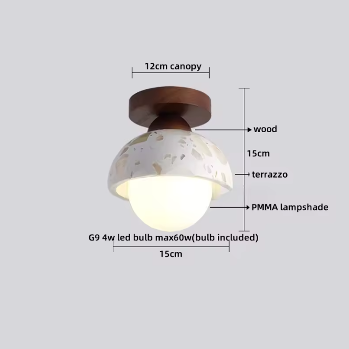 Ronde Stenen LED Plafondlamp – Geel Travertijn & Hout, Industrieel Vintage Stijl voor Hal, Woonkamer & Balkon