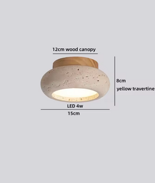 Ronde Stenen LED Plafondlamp – Geel Travertijn & Hout, Industrieel Vintage Stijl voor Hal, Woonkamer & Balkon
