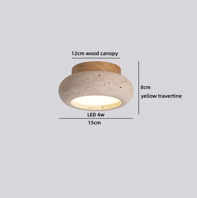 Ronde Stenen LED Plafondlamp – Geel Travertijn & Hout, Industrieel Vintage Stijl voor Hal, Woonkamer & Balkon