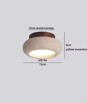 Ronde Stenen LED Plafondlamp – Geel Travertijn & Hout, Industrieel Vintage Stijl voor Hal, Woonkamer & Balkon