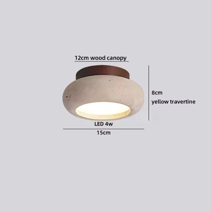Ronde Stenen LED Plafondlamp – Geel Travertijn & Hout, Industrieel Vintage Stijl voor Hal, Woonkamer & Balkon