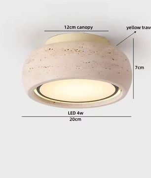 Ronde Stenen LED Plafondlamp – Geel Travertijn & Hout, Industrieel Vintage Stijl voor Hal, Woonkamer & Balkon