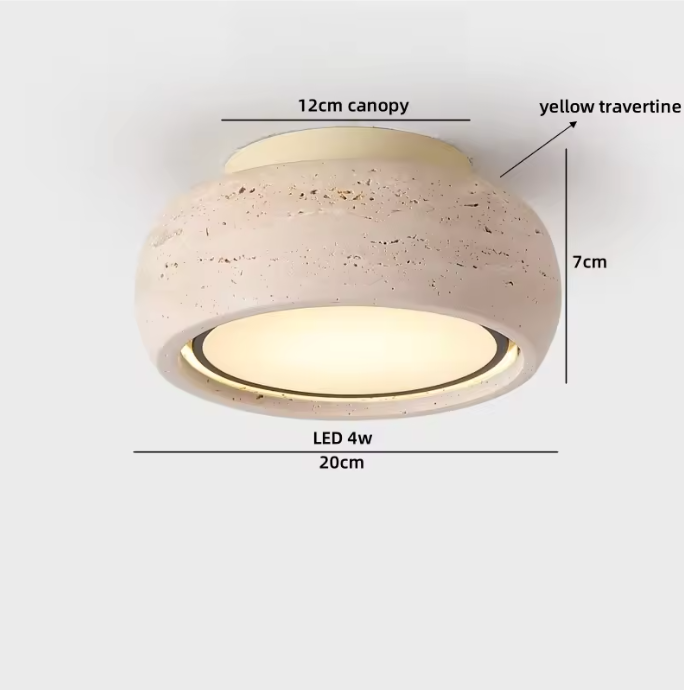 Ronde Stenen LED Plafondlamp – Geel Travertijn & Hout, Industrieel Vintage Stijl voor Hal, Woonkamer & Balkon