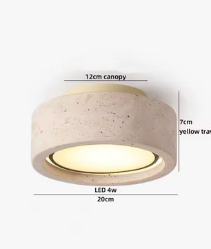 Ronde Stenen LED Plafondlamp – Geel Travertijn & Hout, Industrieel Vintage Stijl voor Hal, Woonkamer & Balkon