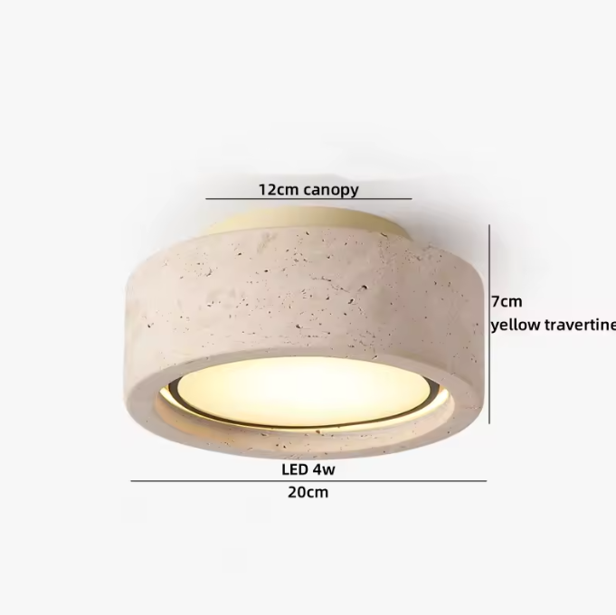 Ronde Stenen LED Plafondlamp – Geel Travertijn & Hout, Industrieel Vintage Stijl voor Hal, Woonkamer & Balkon