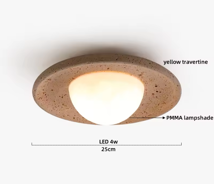 Ronde Stenen LED Plafondlamp – Geel Travertijn & Hout, Industrieel Vintage Stijl voor Hal, Woonkamer & Balkon