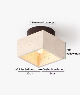 Ronde Stenen LED Plafondlamp – Geel Travertijn & Hout, Industrieel Vintage Stijl voor Hal, Woonkamer & Balkon
