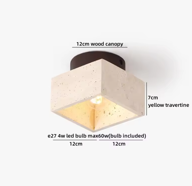 Ronde Stenen LED Plafondlamp – Geel Travertijn & Hout, Industrieel Vintage Stijl voor Hal, Woonkamer & Balkon