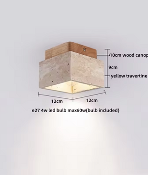 Ronde Stenen LED Plafondlamp – Geel Travertijn & Hout, Industrieel Vintage Stijl voor Hal, Woonkamer & Balkon