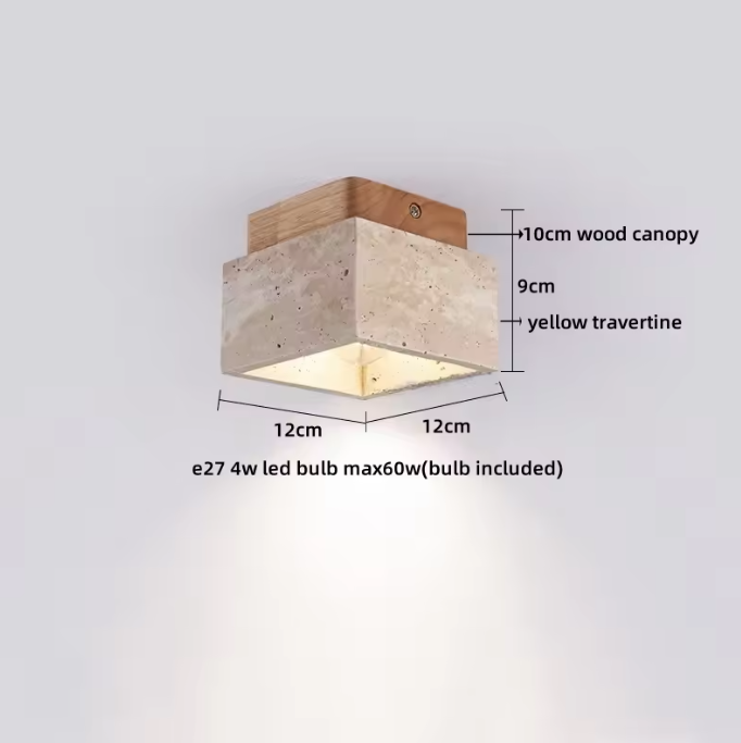 Ronde Stenen LED Plafondlamp – Geel Travertijn & Hout, Industrieel Vintage Stijl voor Hal, Woonkamer & Balkon