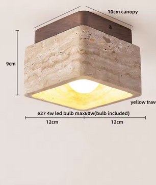 Ronde Stenen LED Plafondlamp – Geel Travertijn & Hout, Industrieel Vintage Stijl voor Hal, Woonkamer & Balkon