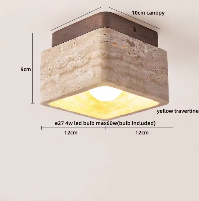 Ronde Stenen LED Plafondlamp – Geel Travertijn & Hout, Industrieel Vintage Stijl voor Hal, Woonkamer & Balkon