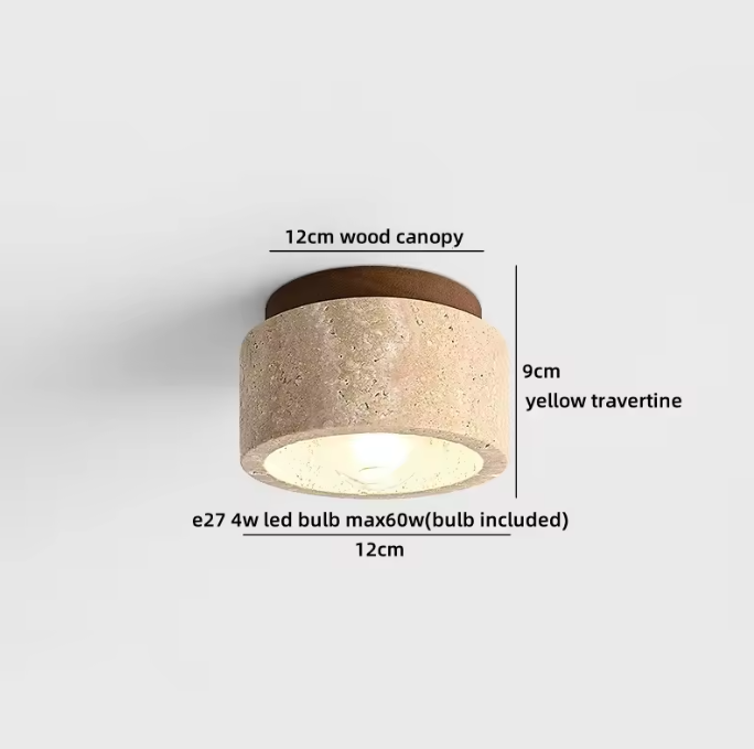 Ronde Stenen LED Plafondlamp – Geel Travertijn & Hout, Industrieel Vintage Stijl voor Hal, Woonkamer & Balkon