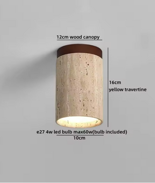 Ronde Stenen LED Plafondlamp – Geel Travertijn & Hout, Industrieel Vintage Stijl voor Hal, Woonkamer & Balkon