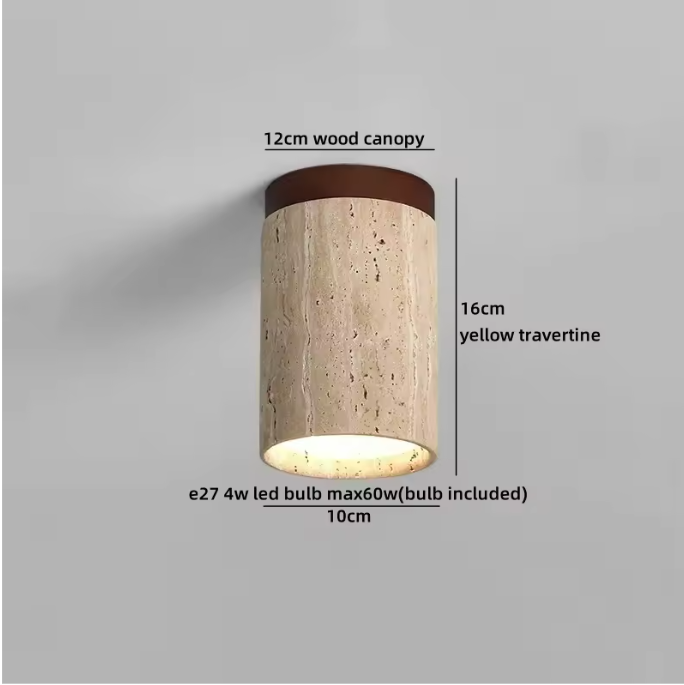 Ronde Stenen LED Plafondlamp – Geel Travertijn & Hout, Industrieel Vintage Stijl voor Hal, Woonkamer & Balkon