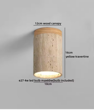Ronde Stenen LED Plafondlamp – Geel Travertijn & Hout, Industrieel Vintage Stijl voor Hal, Woonkamer & Balkon