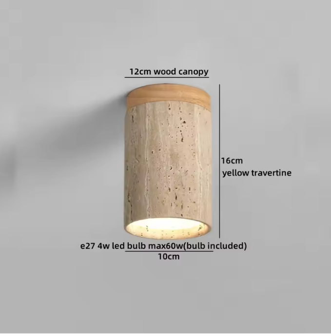 Ronde Stenen LED Plafondlamp – Geel Travertijn & Hout, Industrieel Vintage Stijl voor Hal, Woonkamer & Balkon