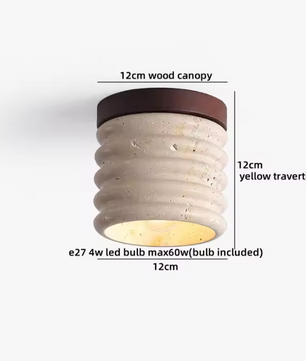 Ronde Stenen LED Plafondlamp – Geel Travertijn & Hout, Industrieel Vintage Stijl voor Hal, Woonkamer & Balkon