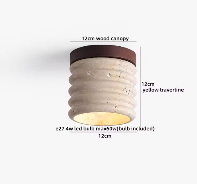 Ronde Stenen LED Plafondlamp – Geel Travertijn & Hout, Industrieel Vintage Stijl voor Hal, Woonkamer & Balkon