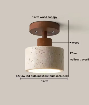 Ronde Stenen LED Plafondlamp – Geel Travertijn & Hout, Industrieel Vintage Stijl voor Hal, Woonkamer & Balkon