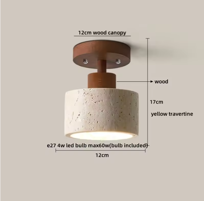Ronde Stenen LED Plafondlamp – Geel Travertijn & Hout, Industrieel Vintage Stijl voor Hal, Woonkamer & Balkon