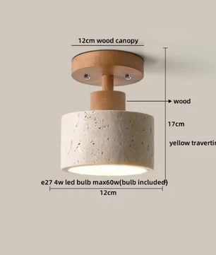 Ronde Stenen LED Plafondlamp – Geel Travertijn & Hout, Industrieel Vintage Stijl voor Hal, Woonkamer & Balkon