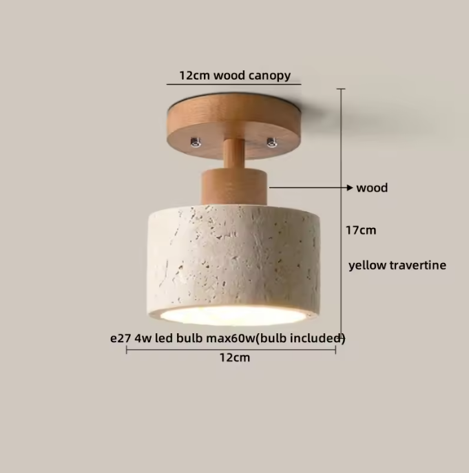 Ronde Stenen LED Plafondlamp – Geel Travertijn & Hout, Industrieel Vintage Stijl voor Hal, Woonkamer & Balkon