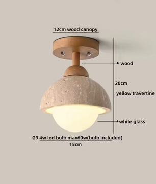 Ronde Stenen LED Plafondlamp – Geel Travertijn & Hout, Industrieel Vintage Stijl voor Hal, Woonkamer & Balkon