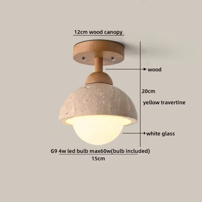 Ronde Stenen LED Plafondlamp – Geel Travertijn & Hout, Industrieel Vintage Stijl voor Hal, Woonkamer & Balkon