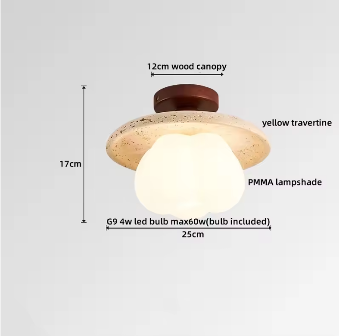Ronde Stenen LED Plafondlamp – Geel Travertijn & Hout, Industrieel Vintage Stijl voor Hal, Woonkamer & Balkon