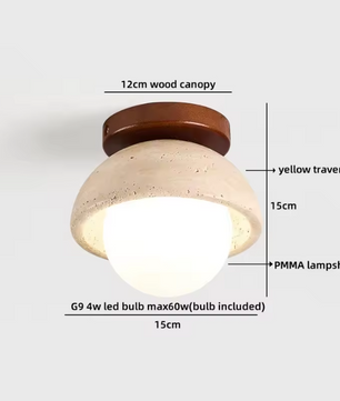 Ronde Stenen LED Plafondlamp – Geel Travertijn & Hout, Industrieel Vintage Stijl voor Hal, Woonkamer & Balkon