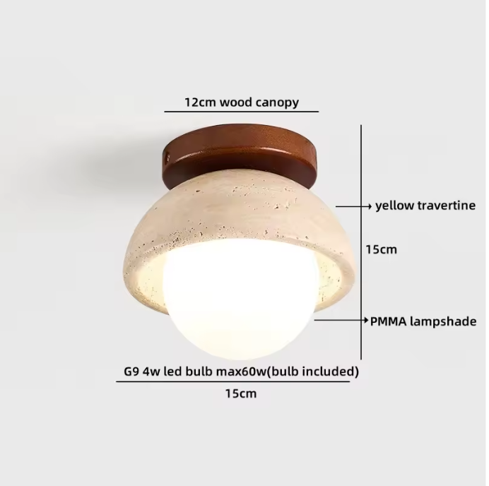 Ronde Stenen LED Plafondlamp – Geel Travertijn & Hout, Industrieel Vintage Stijl voor Hal, Woonkamer & Balkon