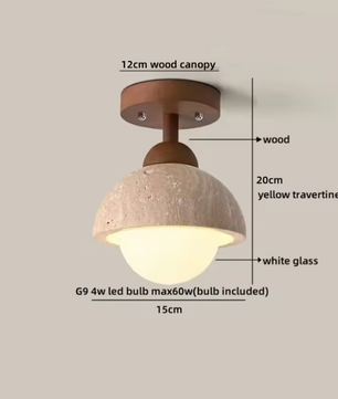Ronde Stenen LED Plafondlamp – Geel Travertijn & Hout, Industrieel Vintage Stijl voor Hal, Woonkamer & Balkon