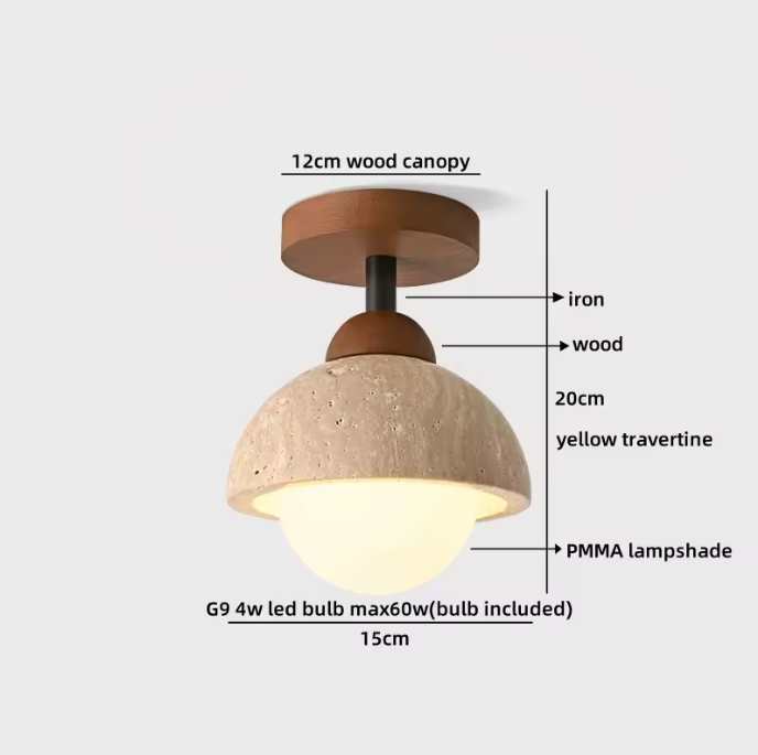Ronde Stenen LED Plafondlamp – Geel Travertijn & Hout, Industrieel Vintage Stijl voor Hal, Woonkamer & Balkon