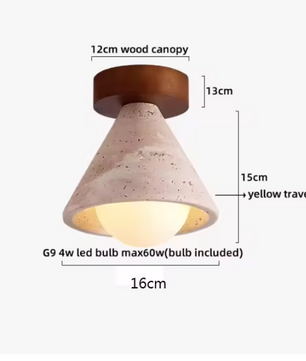 Ronde Stenen LED Plafondlamp – Geel Travertijn & Hout, Industrieel Vintage Stijl voor Hal, Woonkamer & Balkon