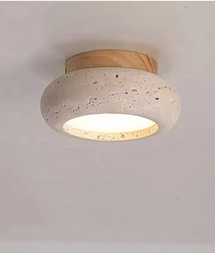 Ronde Stenen LED Plafondlamp – Geel Travertijn & Hout, Industrieel Vintage Stijl voor Hal, Woonkamer & Balkon