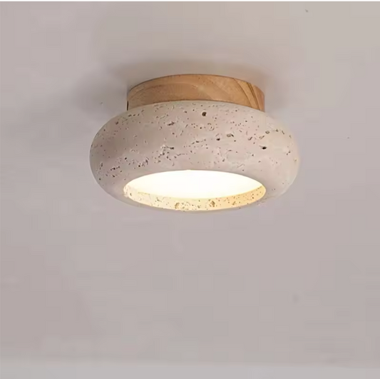 Ronde Stenen LED Plafondlamp – Geel Travertijn & Hout, Industrieel Vintage Stijl voor Hal, Woonkamer & Balkon