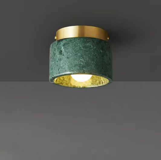 Ronde Stenen LED Plafondlamp – Geel Travertijn & Hout, Industrieel Vintage Stijl voor Hal, Woonkamer & Balkon