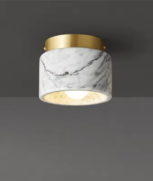 Ronde Stenen LED Plafondlamp – Geel Travertijn & Hout, Industrieel Vintage Stijl voor Hal, Woonkamer & Balkon