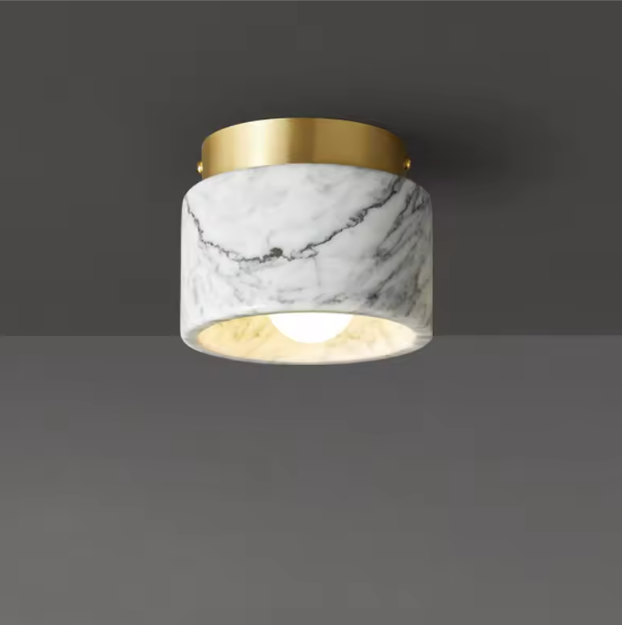 Ronde Stenen LED Plafondlamp – Geel Travertijn & Hout, Industrieel Vintage Stijl voor Hal, Woonkamer & Balkon
