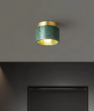 Ronde Stenen LED Plafondlamp – Geel Travertijn & Hout, Industrieel Vintage Stijl voor Hal, Woonkamer & Balkon