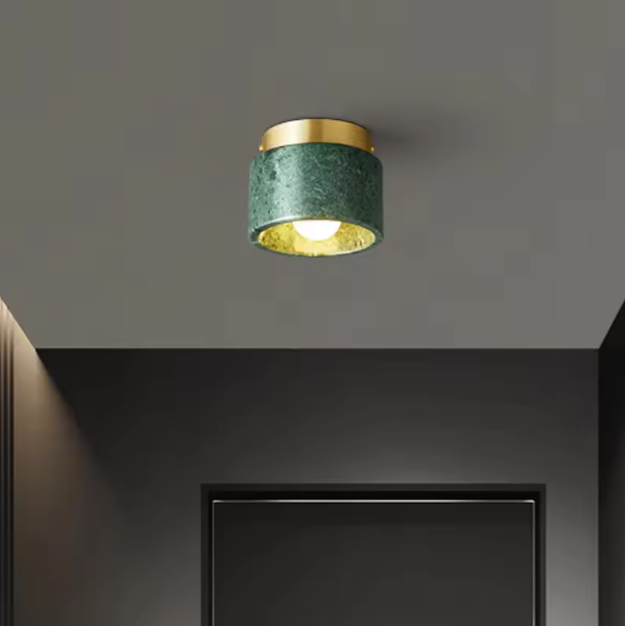 Ronde Stenen LED Plafondlamp – Geel Travertijn & Hout, Industrieel Vintage Stijl voor Hal, Woonkamer & Balkon
