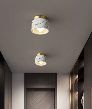 Ronde Stenen LED Plafondlamp – Geel Travertijn & Hout, Industrieel Vintage Stijl voor Hal, Woonkamer & Balkon
