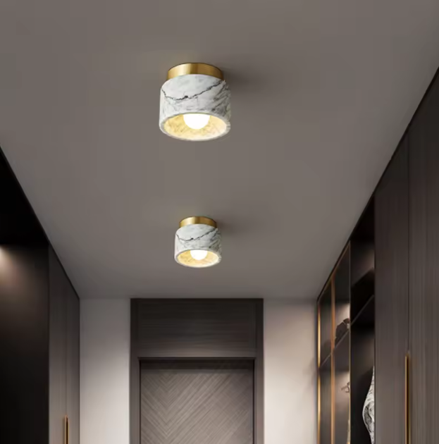 Ronde Stenen LED Plafondlamp – Geel Travertijn & Hout, Industrieel Vintage Stijl voor Hal, Woonkamer & Balkon