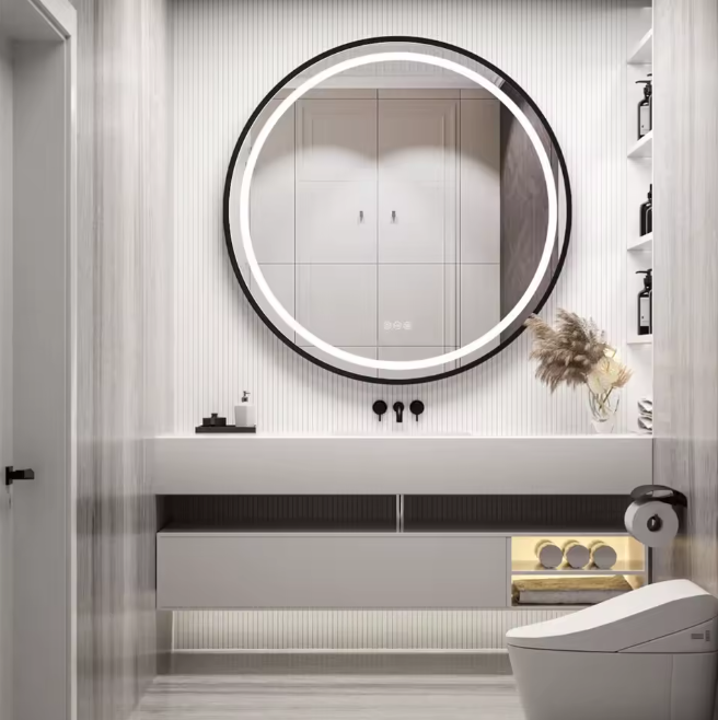 Ronde LED Badkamerspiegel – Zwart/Goud Frame, Anticondens & Dimbaar